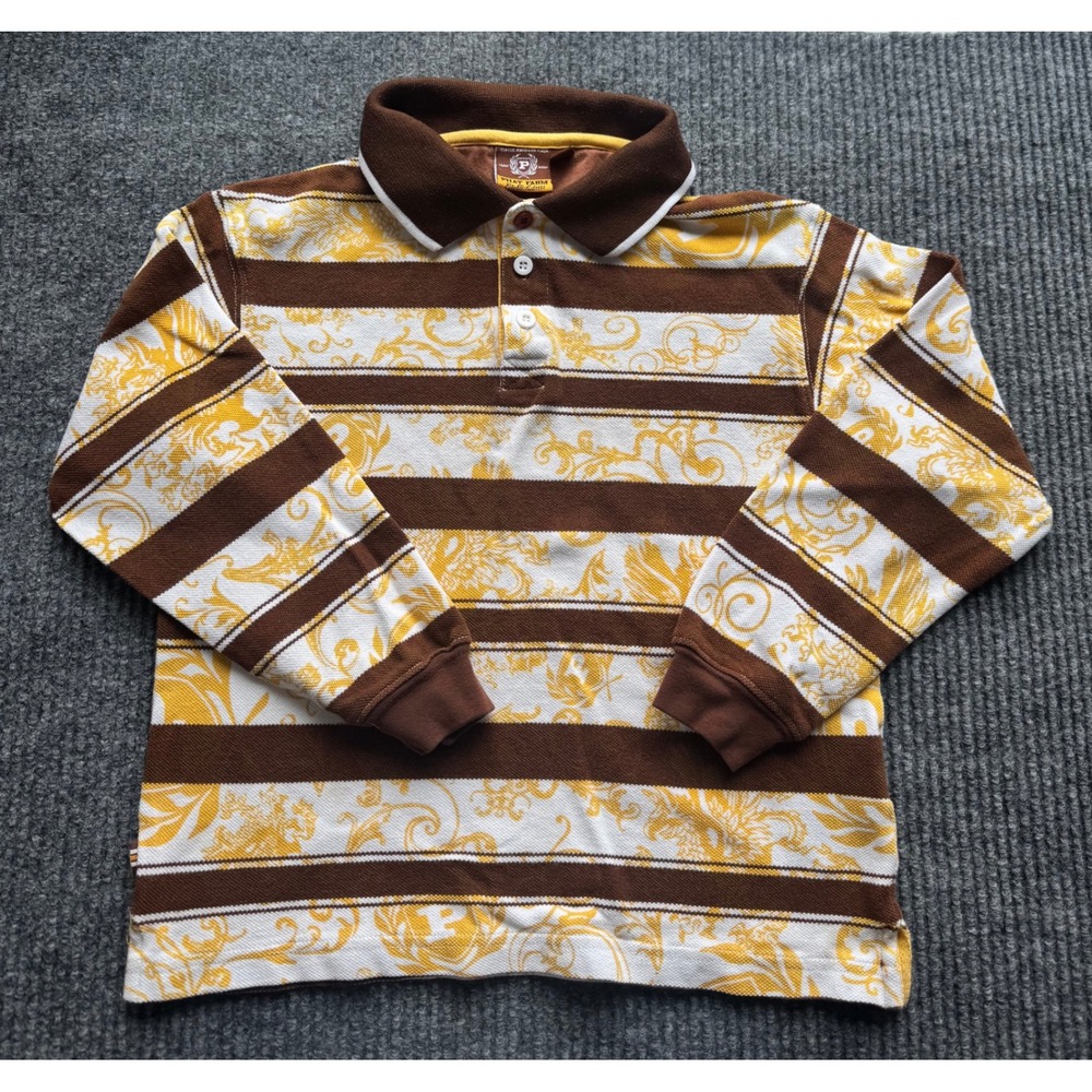 VTG Phat Farm Boy's Long Sleeve Polo Shirt Brown Yellow Baroque Stripes Size "6"